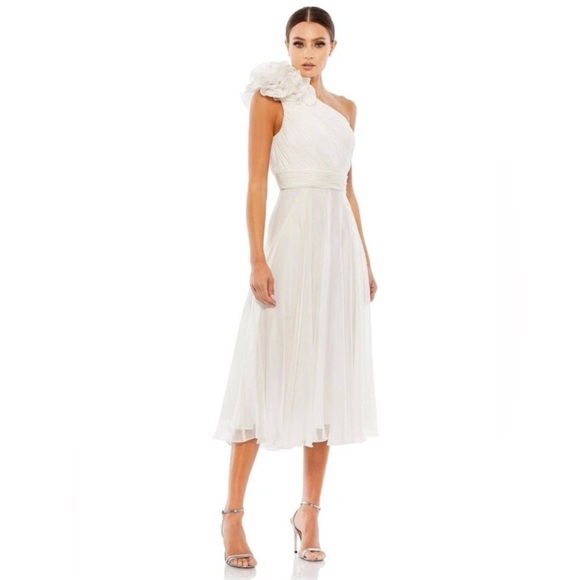 New Mac Duggal 49491 ONE SHOULDER Floral Appliqued Cocktail Dress White 16 $498